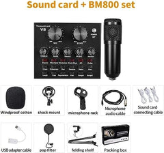 Professional Mic Condenser Microphone V8 Sound Card Set for Webcast Live Stream- Auxiliary