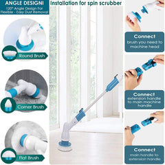 Electric Spin Scrubber, 360 Cordless Tub and Tile Scrubber, Multi-Purpose Power Surface Cleaner with 3 Replaceable Cleaning Scrubber Brush Heads, 1 Extension Arm and Adapter