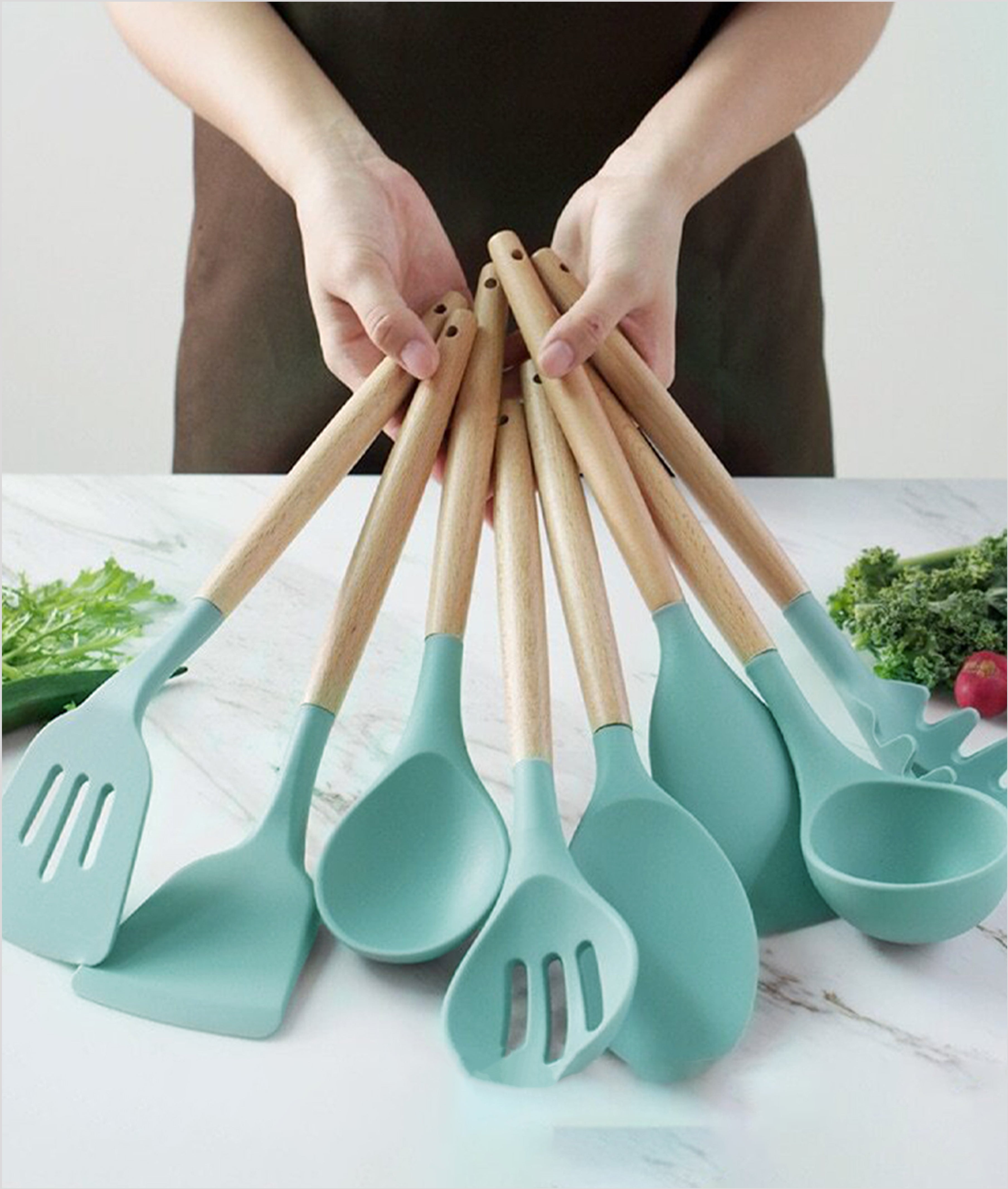 Silicone Utensils Kitchen Cooking Set with Wooden Bamboo Handles for Nonstick Cookware Non-Toxic, Non-Stick Safe & BPA-Free