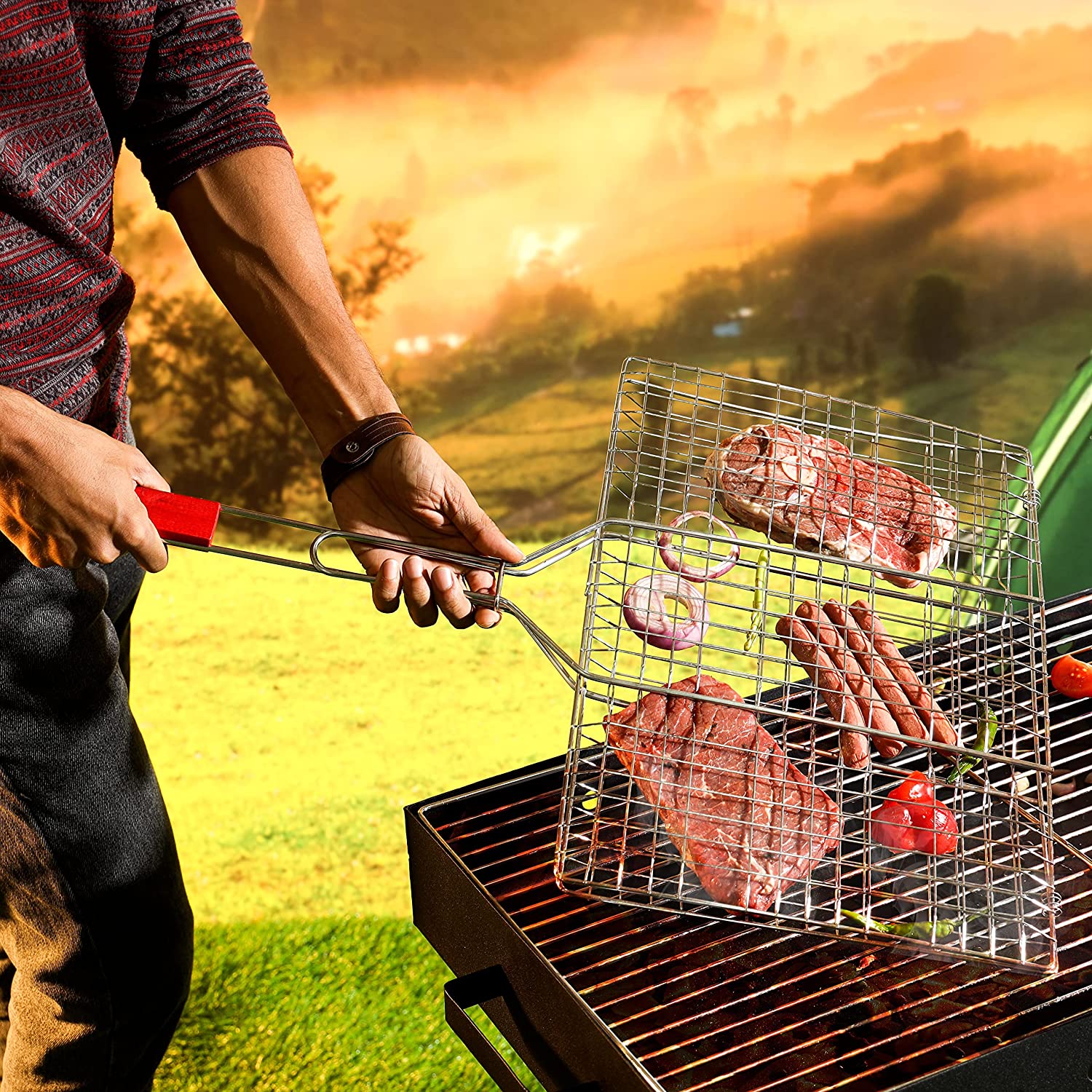Barbecue Grill 30x40x58CM, Folding Portable BBQ Grill, DC2197 - Basket for Fish Vegetables Shrimp with Removable Handle, Larger Grilling Area, Premium-Quality Material