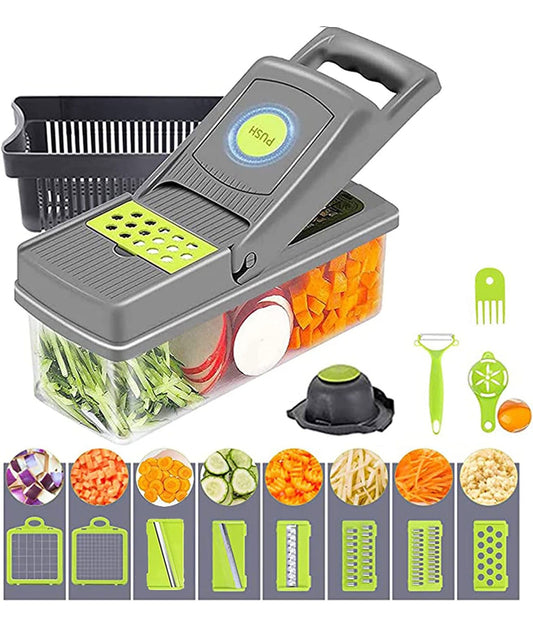 14 in 1 Vegetable Chopper Slicer Onion Chopper with Container and Drain Basket One Click Cleaning Food Chopper Multifunctional Veggie Chopper with 8 Stainless Steel Blade