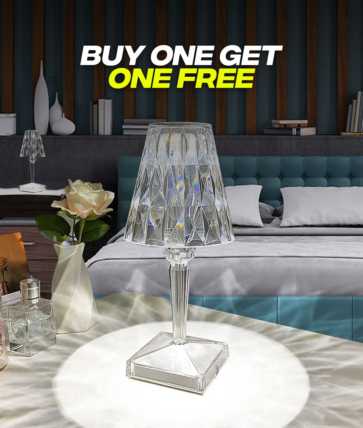 Buy 1 Get 1 Free Rechargeable Acrylic Diamond Nightstand Lamp Cordless , 3-Way Dimmable Color, Touch Control & Elegant Lamp Shade - BUY 1 GET 1 ONE