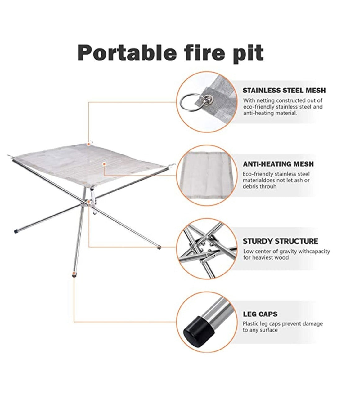 Portable Outdoor Fire Pit 16 Inch Upgrade Foldable Stainless Steel Mesh Fire Pit Wood Burning, Collapsible Fireplace Space Saving Perfect for Camping, Backyard, Patio, Garden (Carrying Bag Included)