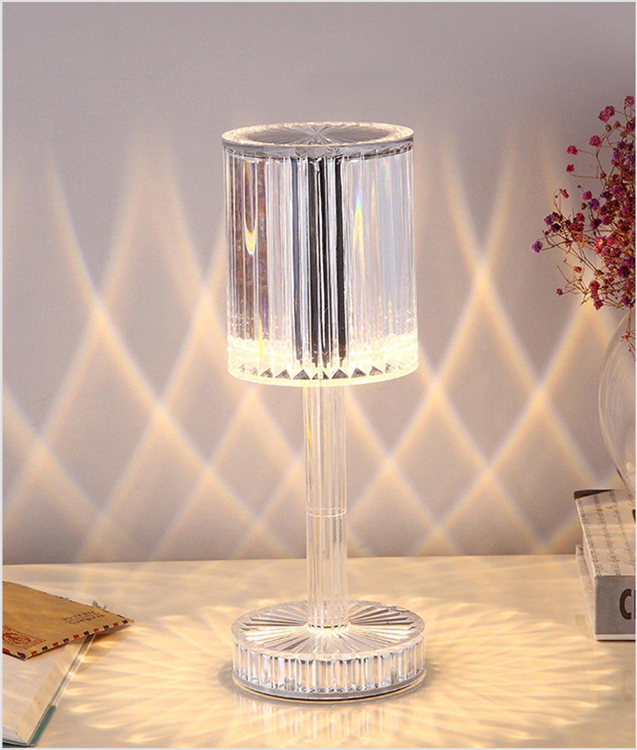 Acrylic Diamond Crystal Rechargeable Table Lamp Beautiful Ambiance Light For Dinning Table, Bedroom & Party Night