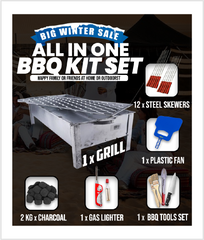 BBQ KIT SET (ALL IN ONE), Includes Grill, Coals, Skewers, Lighter, Fan & BBQ Tool Set. Best For Party, Picnic & Desert Safari
